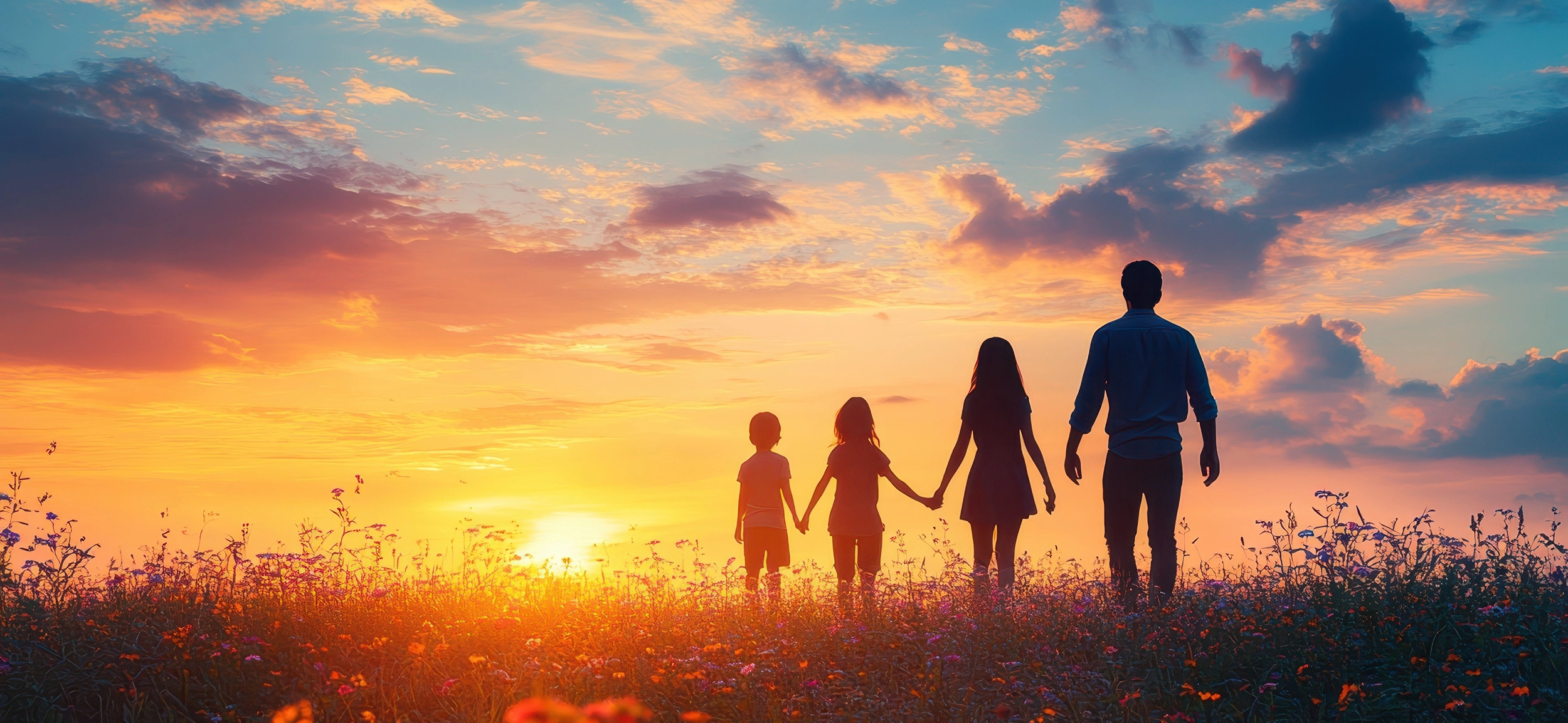 Banner of a family walking with a sunset in the background